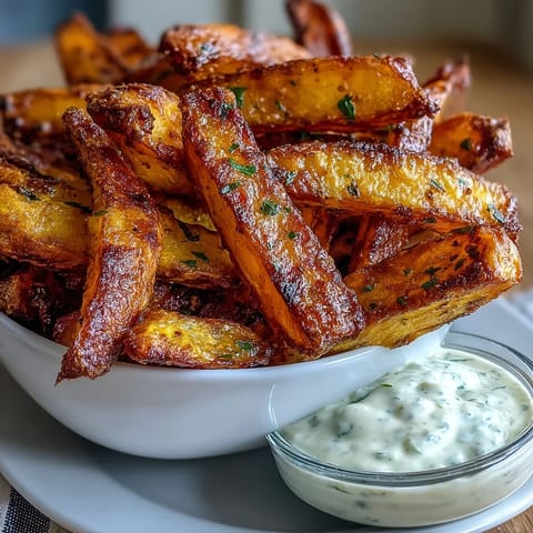 Homemade sweet potato fries in the air fryer, perfectly seasoned and paired with rich garlic aioli for a delicious vegetarian appetizer.  