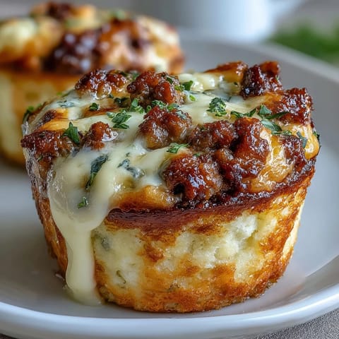 Golden individual mini shepherd's pies in muffin tins, topped with creamy mashed potatoes and savory ground beef filling.  
