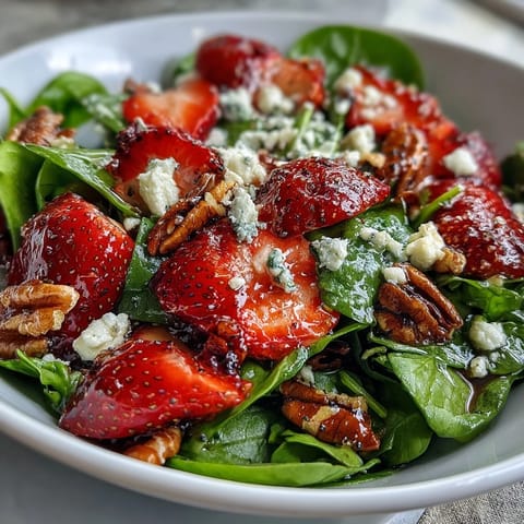 Fresh Strawberry Spinach Salad with Poppy Seed Dressing, featuring juicy strawberries, creamy feta, and crunchy pecans, served in a vibrant bowl with a tangy homemade dressing.  