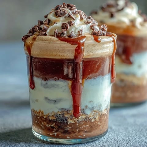 Vanilla Bean Frappuccino Overnight Oats Dessert Jar with creamy coffee layers and whipped cream topping.