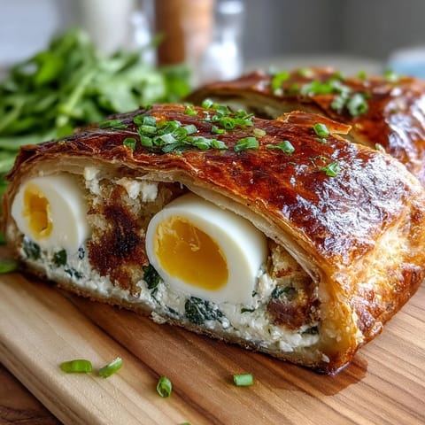 Easter Savory Pie with Hard-Boiled Eggs and Ham, a golden, flaky pastry filled with creamy ricotta, savory ham, spinach, and whole eggs, perfect for spring brunches.