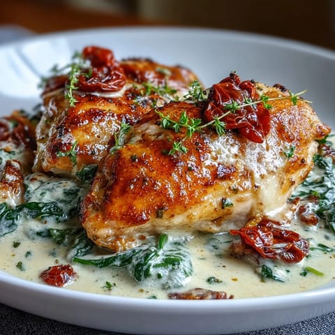 One-pan Creamy Tuscan Chicken Skillet, golden-seared chicken breasts simmered in a luscious Parmesan cream sauce with vibrant spinach.