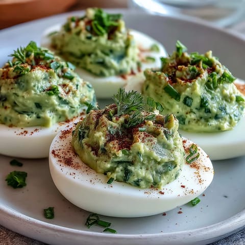 Vibrant deviled eggs with avocado filling, topped with chives and dill for a fresh, colorful appetizer.  