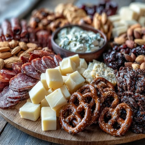 Vibrant snack board featuring cheddar cheese cubes, salami, and chocolate pretzels perfect for graduation parties.