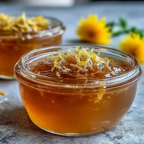 Vibrant dandelion jelly with fresh lemon and honey, spread on rustic bread with a golden sheen.