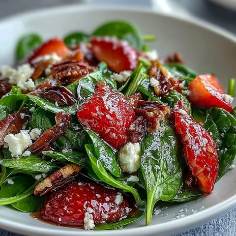 Vibrant spring strawberry spinach salad with ripe berries, creamy goat cheese, and candied pecans, drizzled with tangy balsamic vinaigrette.