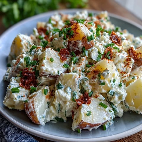 Classic Deviled Egg Potato Salad with creamy dressing and tender potatoes, garnished with paprika and fresh herbs.