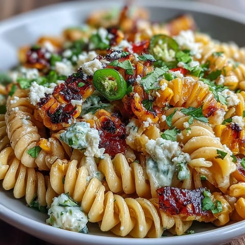Creamy elote corn pasta salad with cotija cheese, sweet charred corn, and zesty lime dressing in a vibrant bowl.