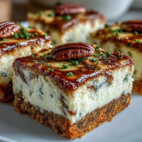 Decadent carrot cake cheesecake bars with swirled layers of spiced carrot cake and rich cream cheese filling, topped with crunchy walnuts.