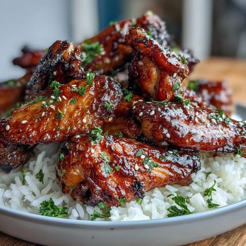 Oven-Baked Honey Garlic Chicken Wings & Rice served on fluffy, buttery rice with fresh parsley and green onions.