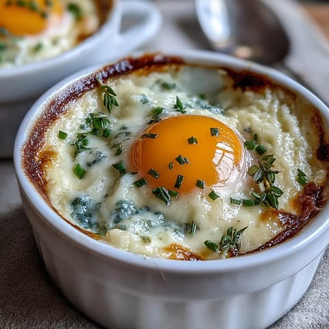 Easter Eggs en Cocotte baked in creamy herb custard with parmesan, a delicate and elegant brunch centerpiece.