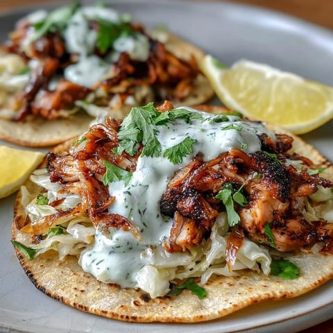 Roasted chicken cabbage tacos with zesty lemon crema and fresh cilantro on warm tortillas.  