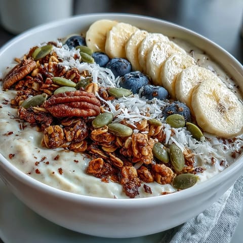 Creamy high fiber smoothie bowl with banana, featuring vibrant toppings for a healthy breakfast.