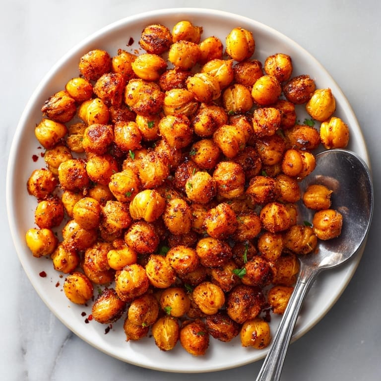 Easy spicy roasted chickpeas recipe: See the texture with paprika coating for a flavorful crunch.