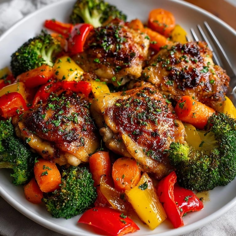 Juicy Sheet Pan Honey Garlic Chicken &amp; Vegetables, roasting on a baking sheet, savory aroma.