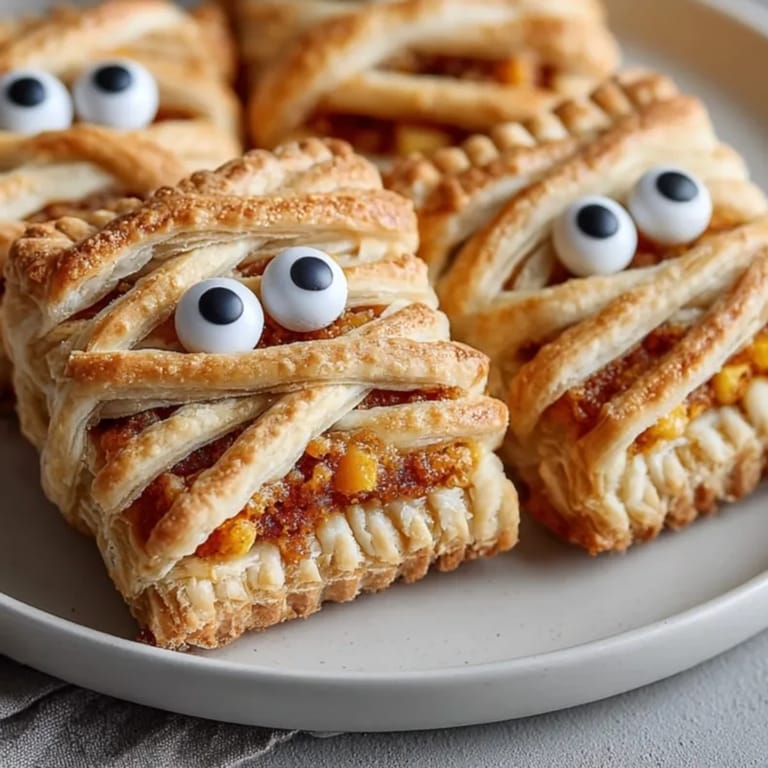 Flaky Mummy Pumpkin Hand Pies baking on a tray, ready for candy eyes.