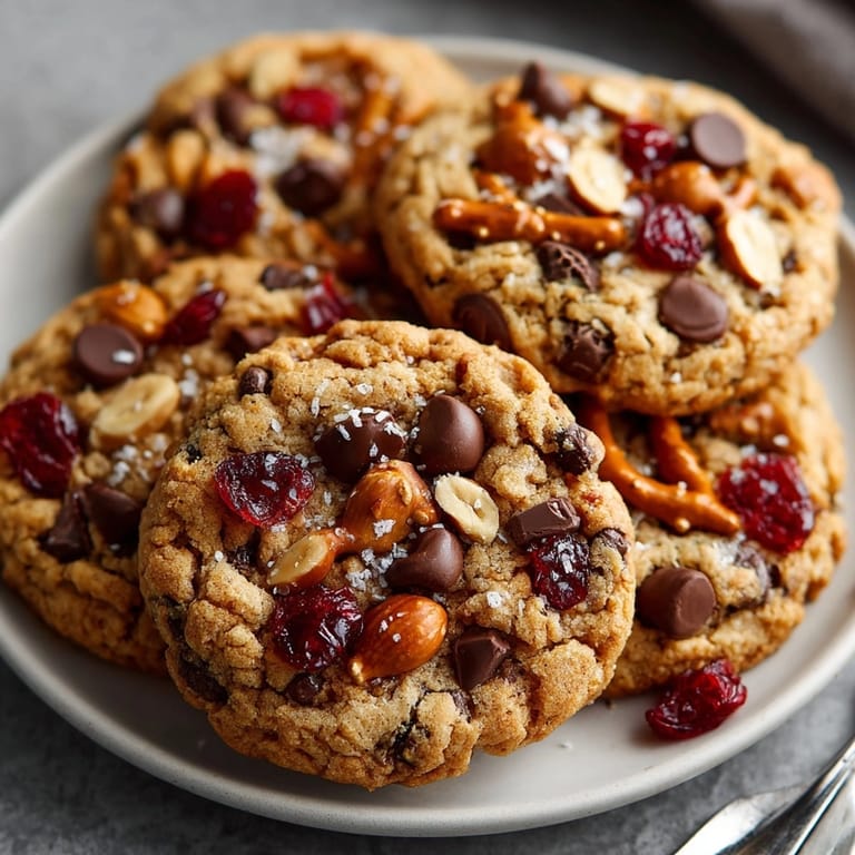 Close-up of chewy, textured Trail Mix Cookies with Pretzels &amp; Chocolate, fresh from the oven.