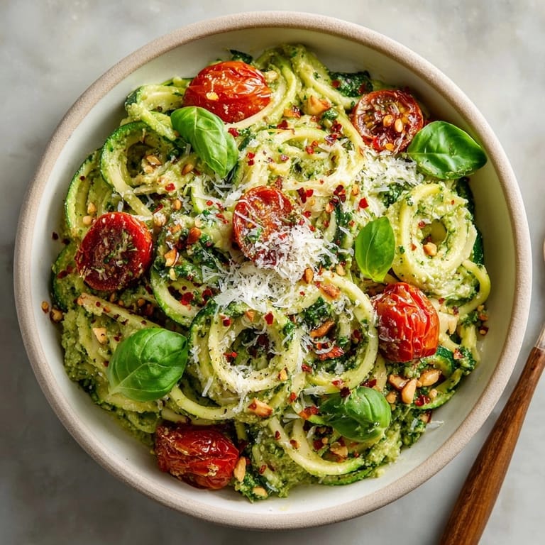 A tempting close-up of Avocado Pesto Zoodles, showcasing fresh basil and grated parmesan.