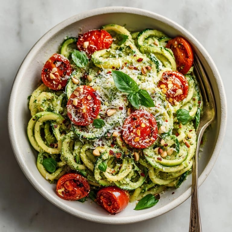 Delectable Avocado Pesto Zoodles, quickly sauteed for a low-carb, Italian-inspired meal ready to eat.