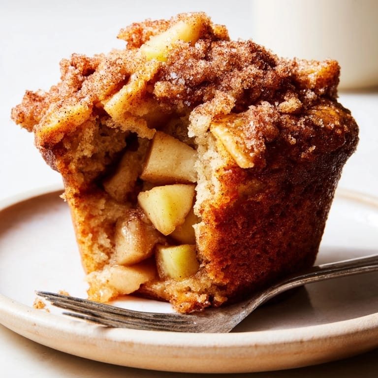 Close-up of homemade Apple Cinnamon Muffin showing moist crumb and diced apple pieces throughout.