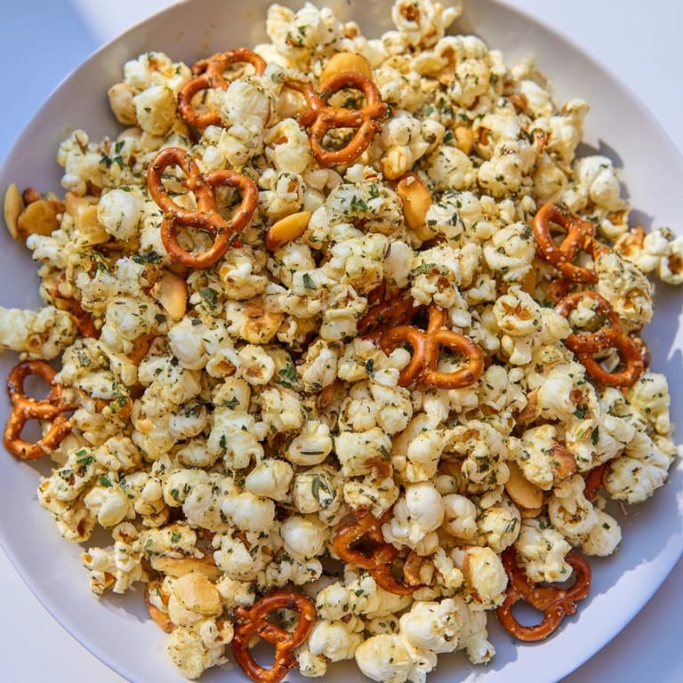 Close-up of delicious Garlic Herb Popcorn Snack Mix, ready for munching at a party.