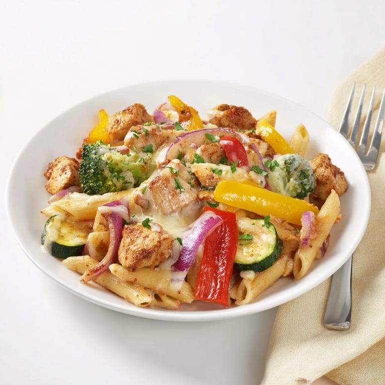 Close-up of the creamy Cajun Chicken Alfredo Veggie Bake, steam rising from cheesy goodness.