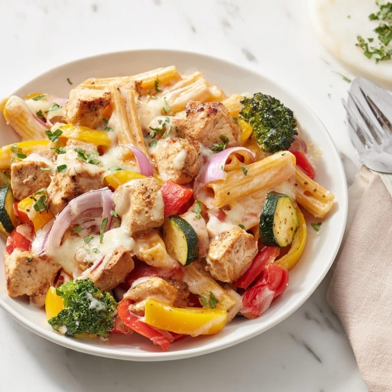 Rich, cheesy Cajun Chicken Alfredo Veggie Bake overflowing with chicken and vibrant, roasted veggies.