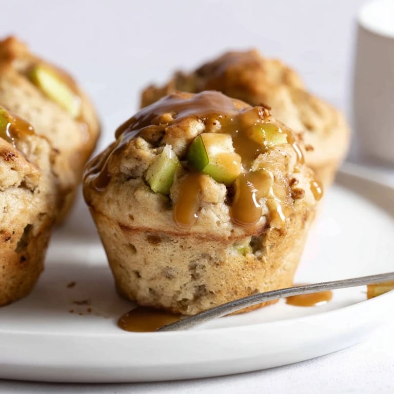 Deliciously tangy Caramel Apple Sourdough Muffins topped with sweet caramel goodness.  