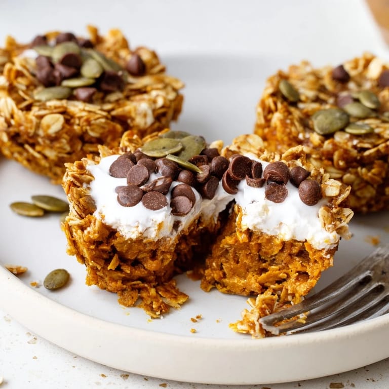 Sweet and spiced Pumpkin Muffin Granola Cups served with a drizzle of maple syrup.  