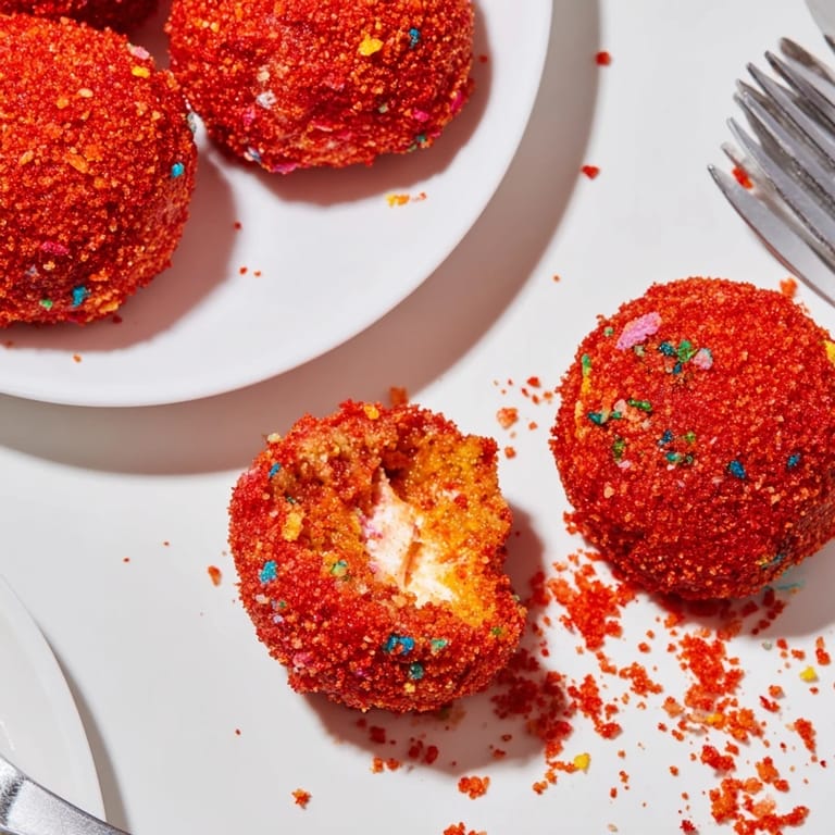 Irresistible Flamin Hot Monster Cake Pancake Balls coated in crunchy crumbs, sweet and spicy treat.
