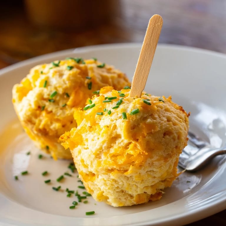 Delicious cream soda cheddar biscuit muffins served on skewers for a fun party treat.