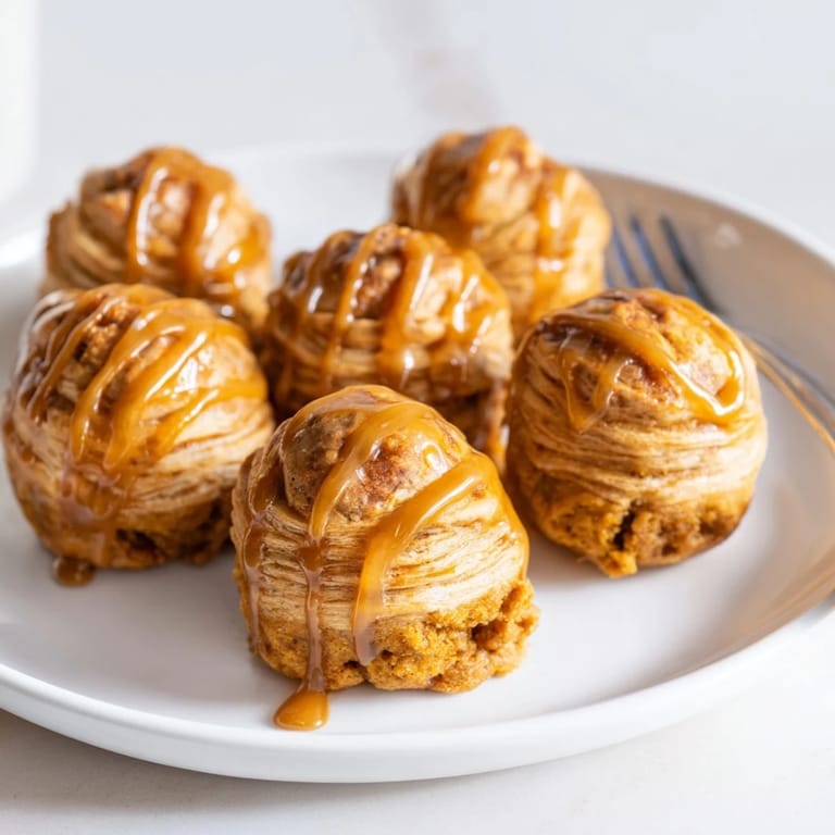 Soft, flaky pumpkin muffin balls enhanced with bourbon and maple, perfect for dessert lovers.