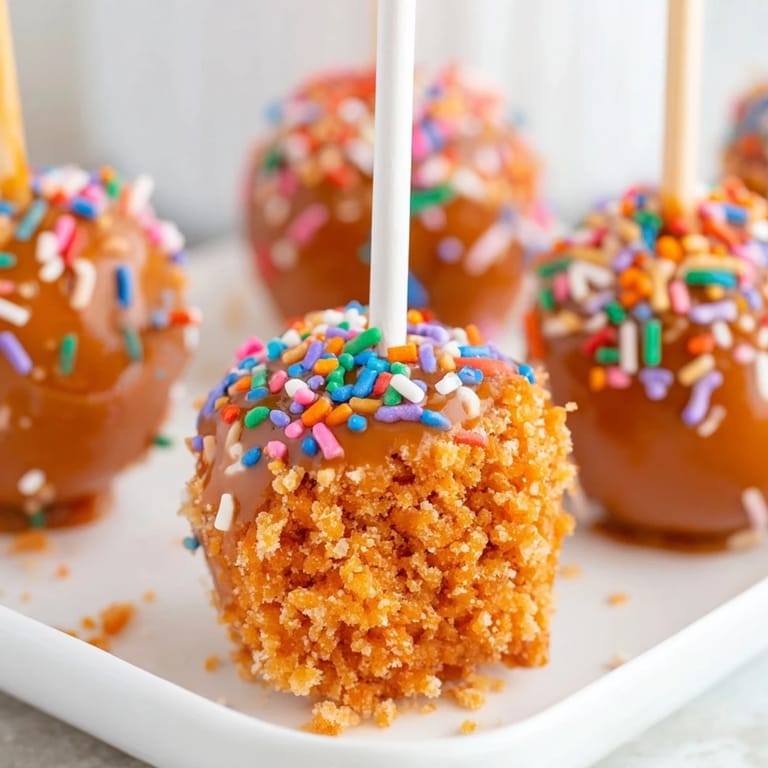 Deliciously sweet Caramel Apple Cheddar Birthday Cake Pops with a rich creamy coating.  