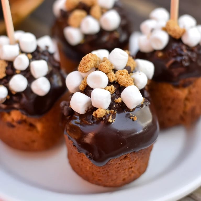 Whimsical Smores Cinnamon Sweet Tea Muffin Pops enticingly dipped in graham cracker crumbs.  