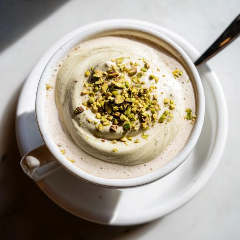 Homemade pistachio milk latte served in a cozy mug, perfect for coffee lovers.
