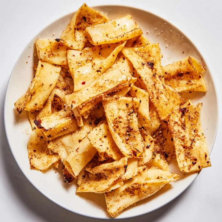 Flavorful baked pasta chips, golden and crunchy, ideal for snacking or sharing.  