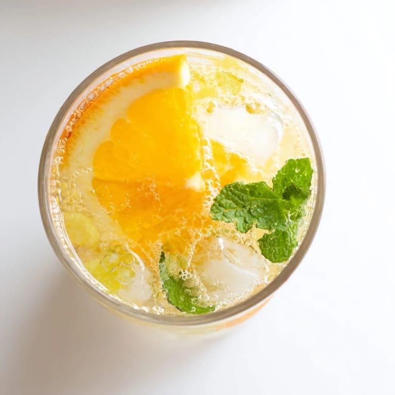Bright and fizzy probiotic soda mocktail garnished with orange slices and mint leaves.  