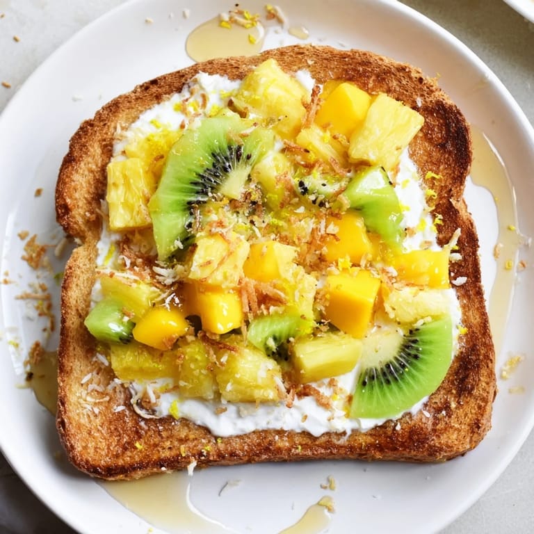 Indulge in fluffy yogurt-custard toast, drizzled with honey and piled high with fruits.