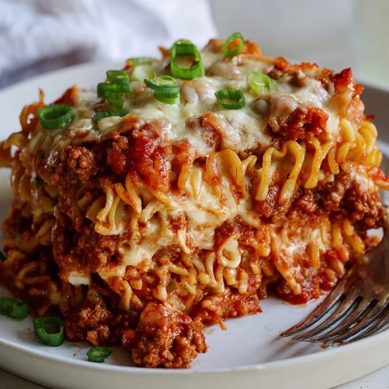 Deliciously unique Spicy Ramen Lasagna featuring spicy pork and creamy ricotta layers.  