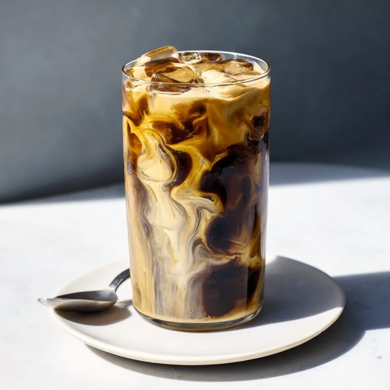 Refreshing iced coffee blended with tahini, topped with frothy plant-based milk.  