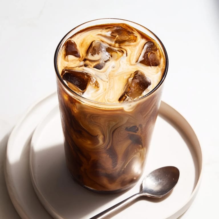 Nutty Tahini Iced Coffee in a glass, garnished with cocoa powder dusting.