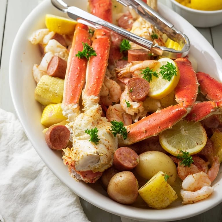 Delectable seafood boil featuring tender potatoes, corn, and seasoned crab, perfect for gatherings.  