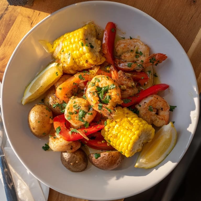 Colorful tray of Cajun shrimp & sweet corn, garnished with parsley and lemon wedges.  