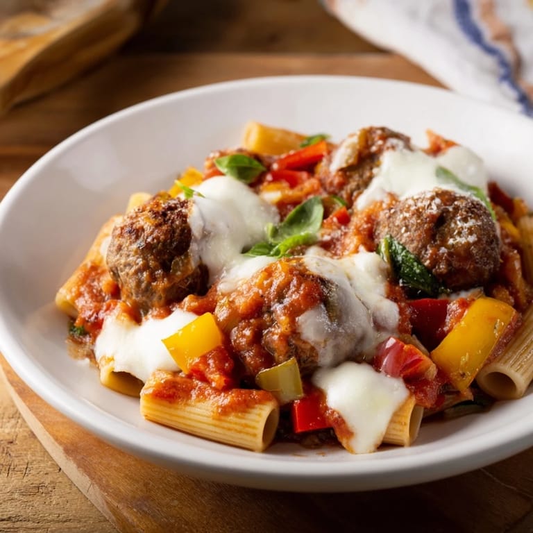 Savory Italian Meatball Pasta Skillet with rich tomato sauce and tender pasta.  