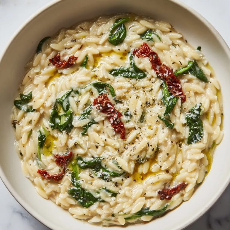 A comforting Creamy Tuscan Orzo Bowl elevated with fresh spinach and sun-dried tomatoes.  