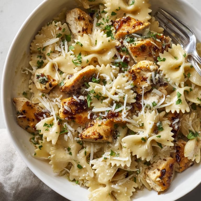 Hearty Mozzarella Garlic Butter Chicken Bowties served with extra Parmesan and black pepper garnish.