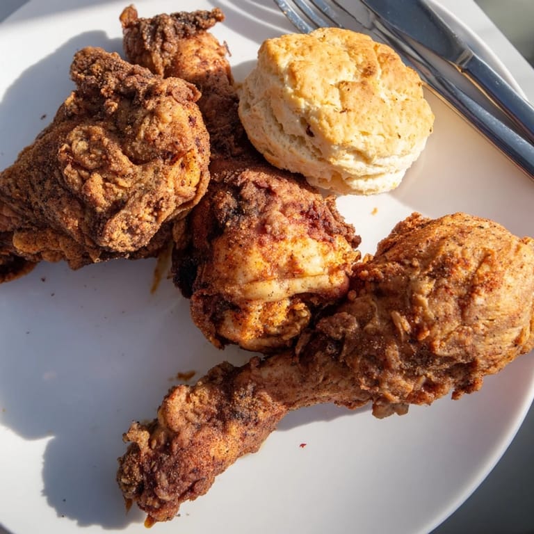 Golden-brown buttermilk biscuits alongside juicy fried chicken, a Southern staple comfort meal.  