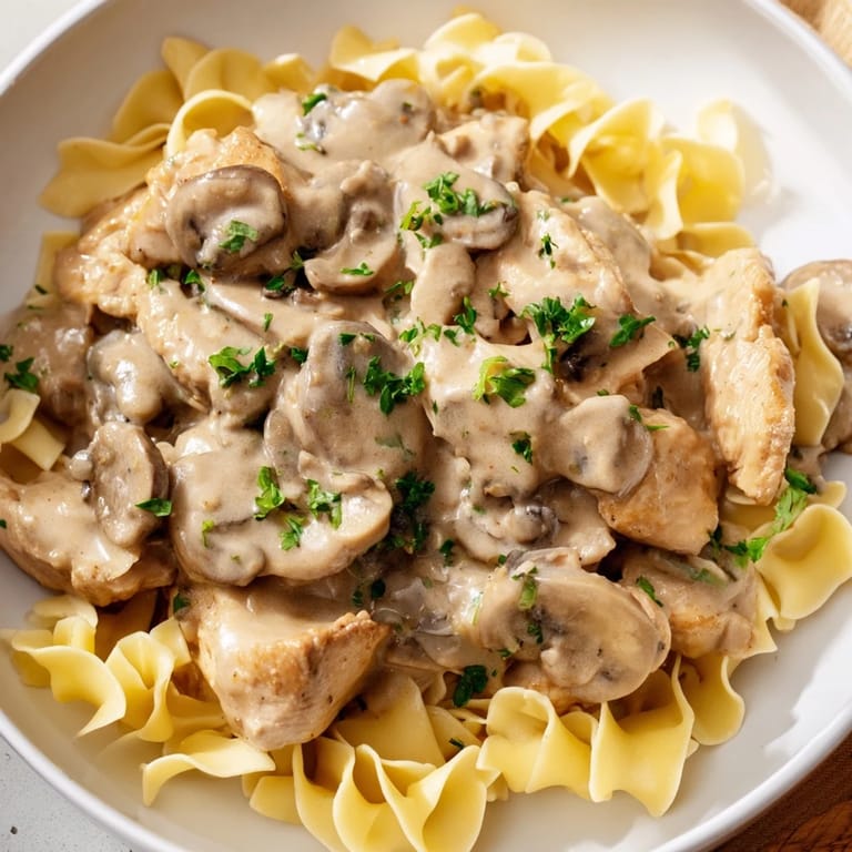 Close-up of Creamy Chicken Stroganoff: a warm, inviting dish perfect for a comforting weeknight dinner.