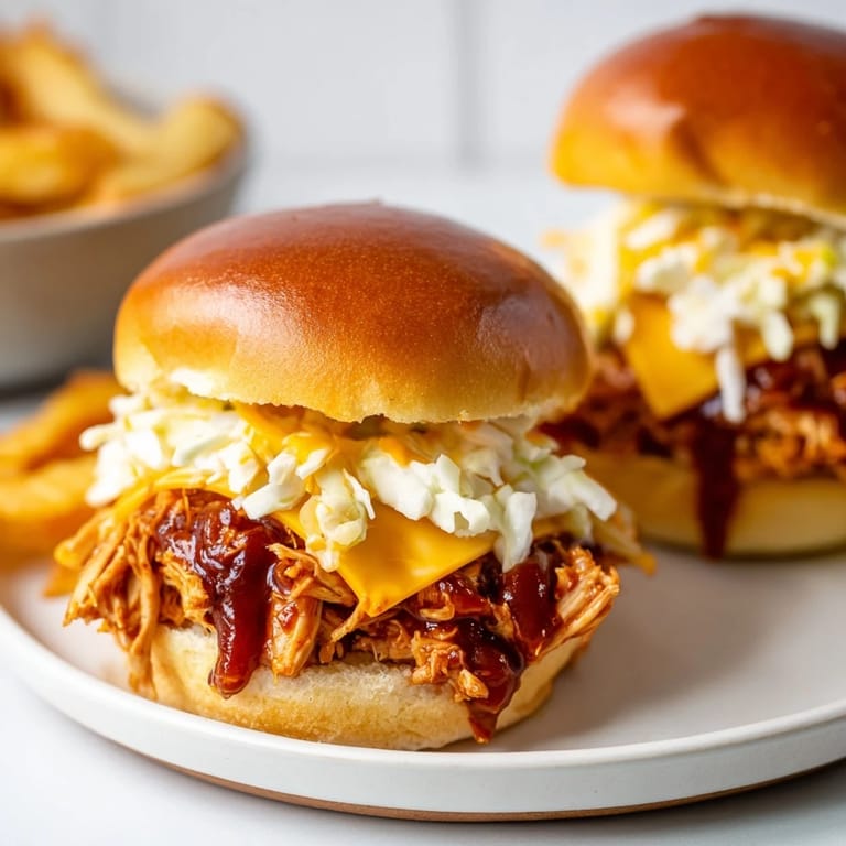 Close-up of juicy BBQ Chicken Sliders, stacked high with cheese and coleslaw, alongside crispy fries.