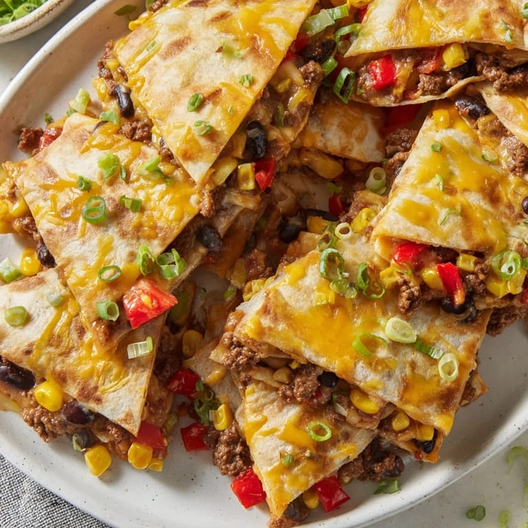 A close-up of sheet pan quesadillas with beef featuring a crispy, golden crust and savory filling.